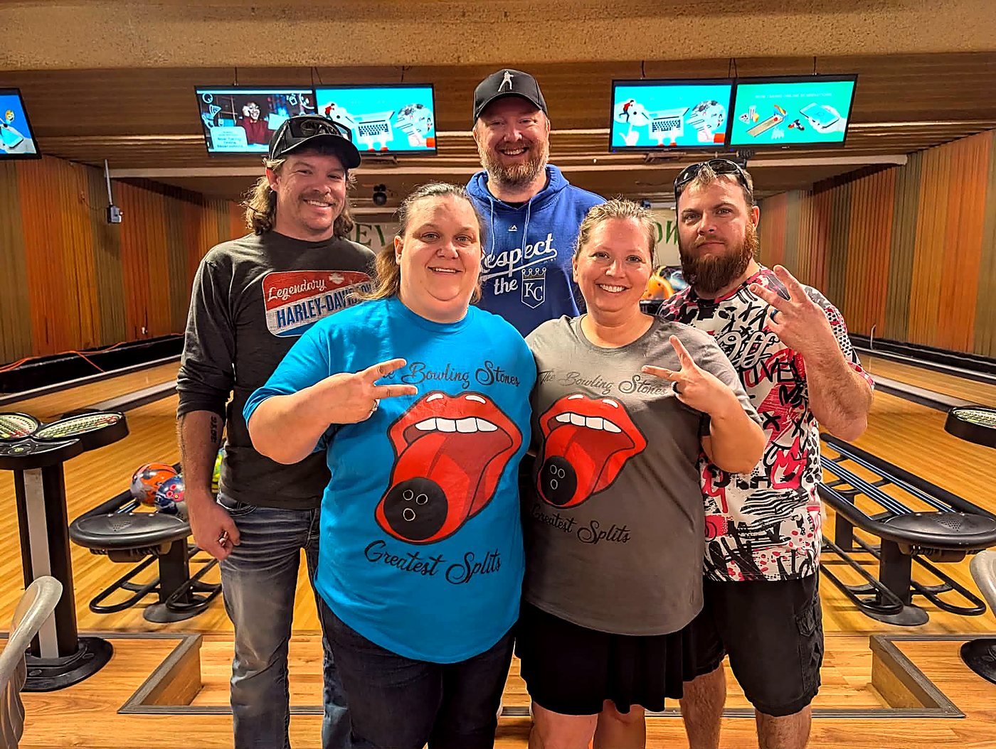 The Bowling Stones, one of Stuart Bowl's league teams, posing on the lanes